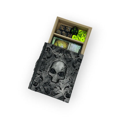 Death Magic Tome, Card and Dice Storage, RPG Minifigure Organizer, Dice Rolling Tray