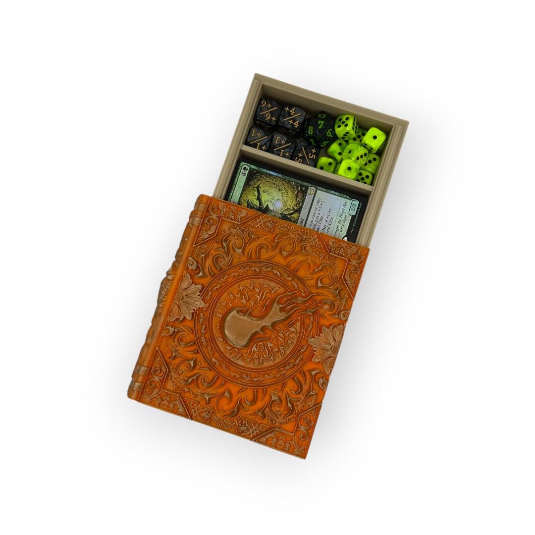 Fire Magic Tome, Card and Dice Storage, RPG Minifigure Organizer, Dice Rolling Tray