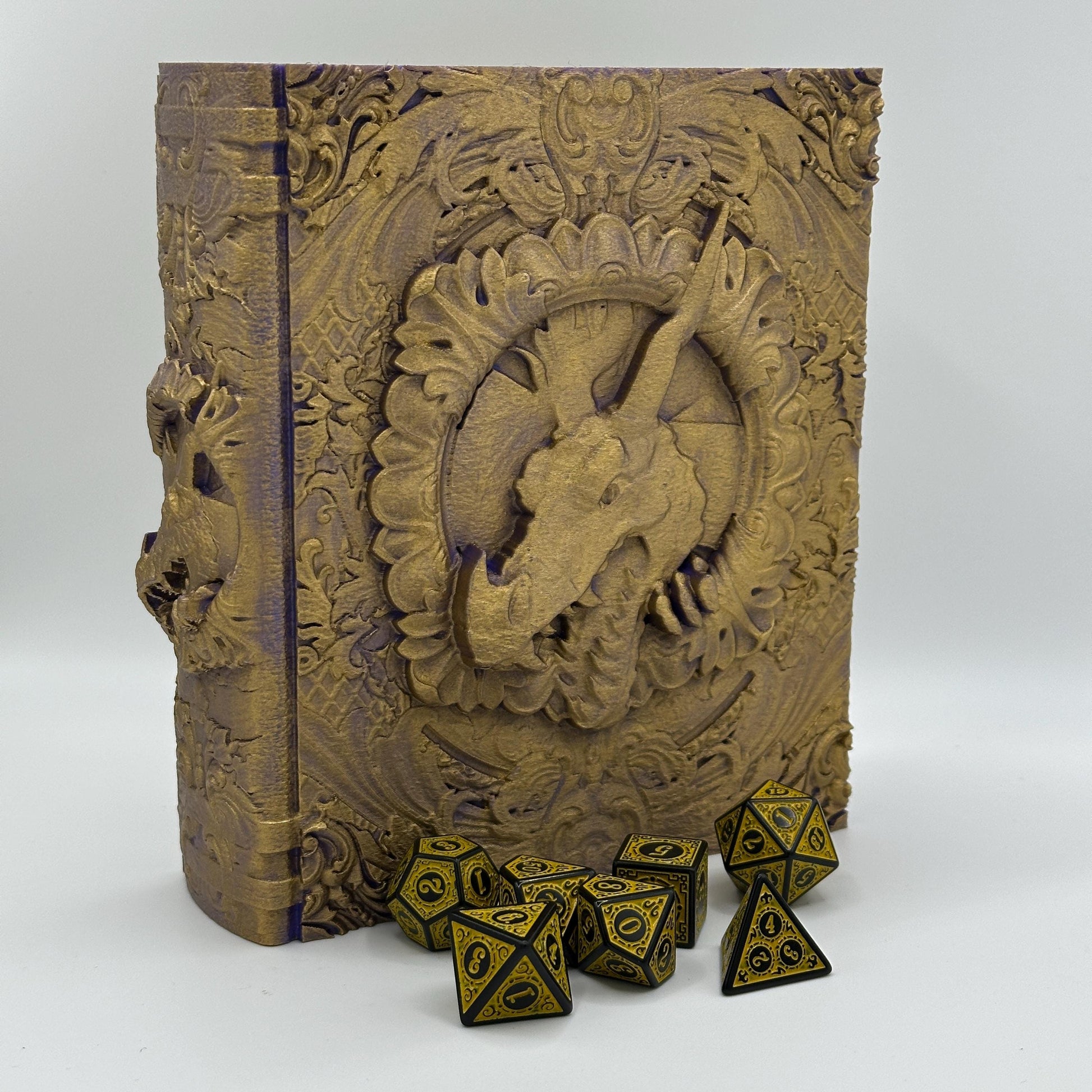 Dragon Tome, Card and Dice Storage, RPG Minifigure Organizer, Dice Rolling Tray