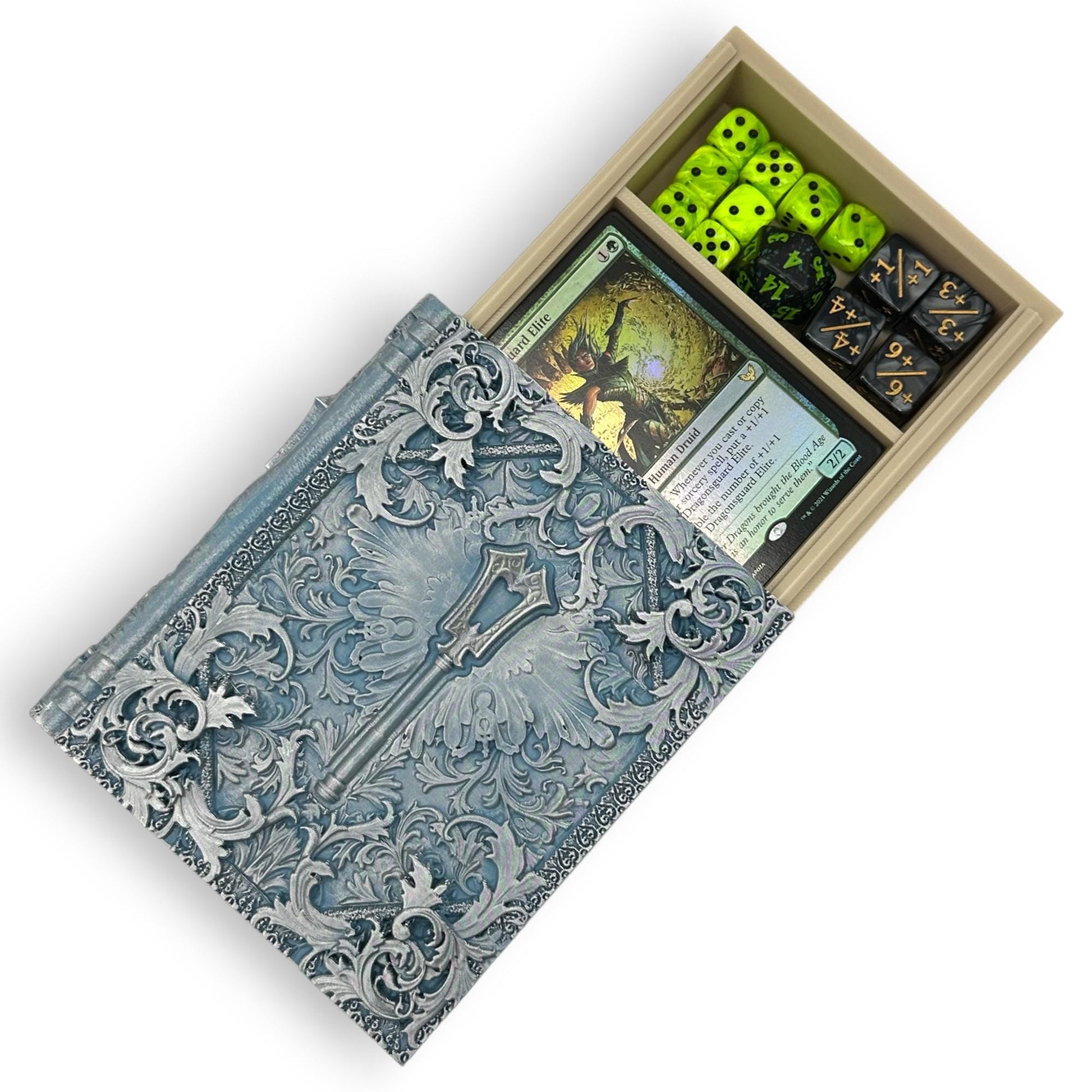 Cleric Tome Card and Dice Storage, Dice Rolling Tray, Minifigure Storage, Roleplaying Games, Dungeons and Dragons, MTG Card Storage