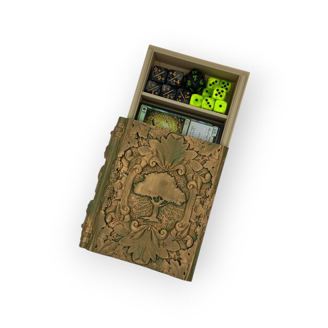 Nature Magic Tome, Card and Dice Storage, RPG Minifigure Organizer, Dice Rolling Tray