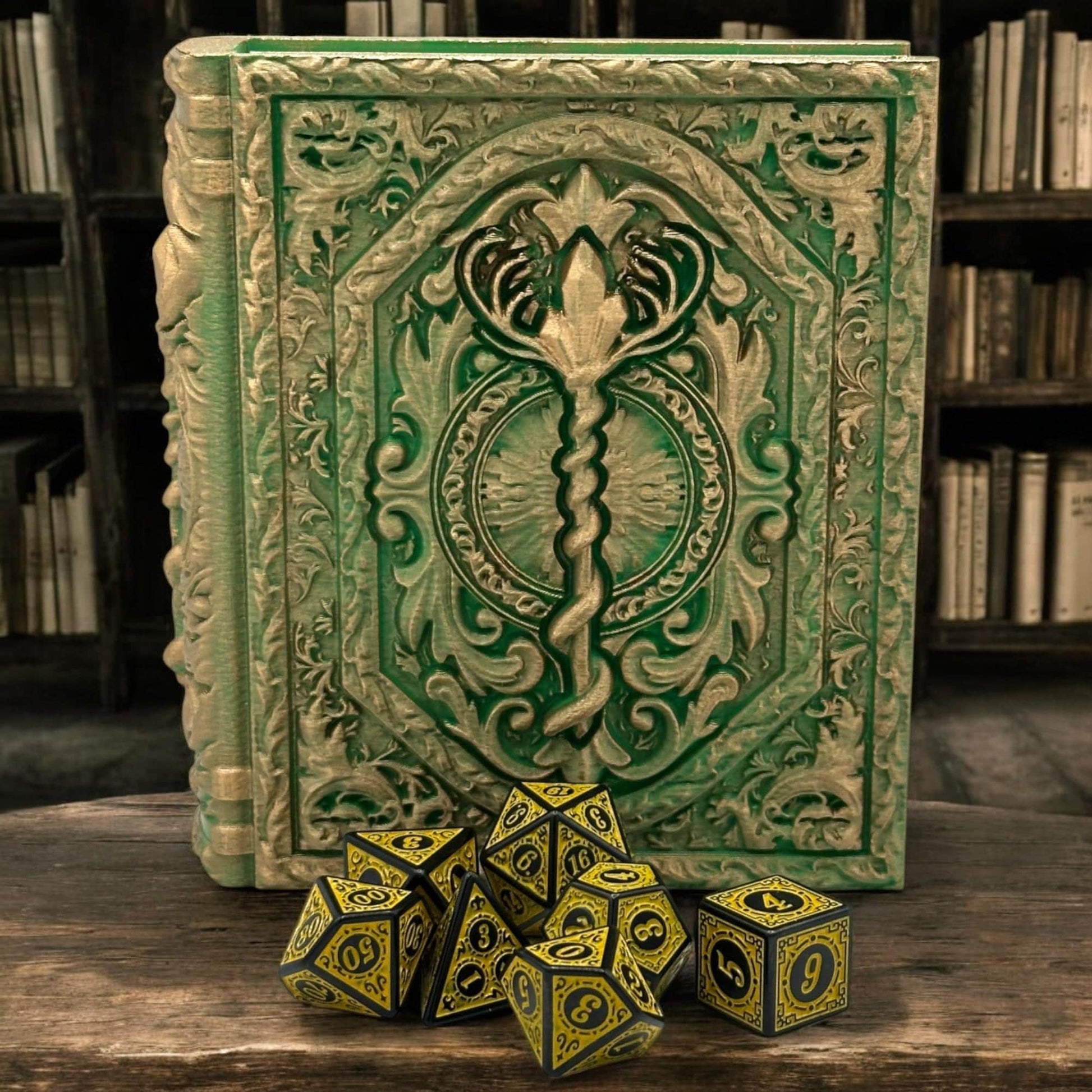 Druid Tome, Card and Dice Storage, RPG Minifigure Organizer, Dice Rolling Tray