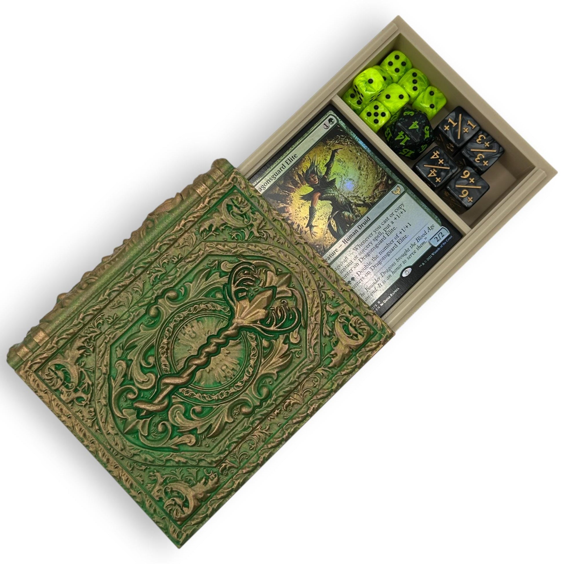 Druid Tome, Card and Dice Storage, RPG Minifigure Organizer, Dice Rolling Tray