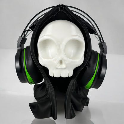 Hooded Skull Headphone Stand, Gothic Gaming Decor